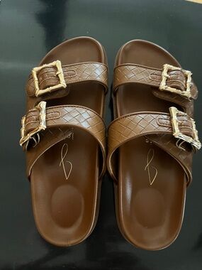 JOIE Brown Double-Band Slide Sandals with Gold Buckle Detail Size 8